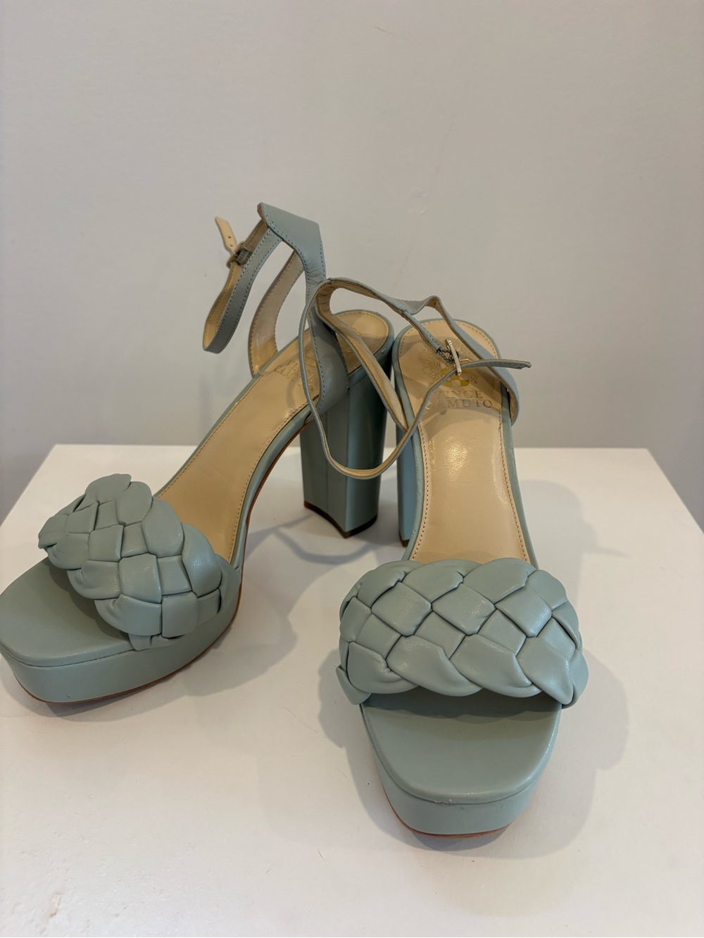 Vince Camuto Sage Green Woven Platform Ankle-Strap Heels